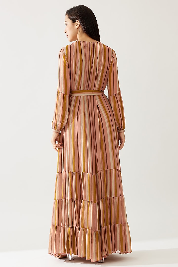 Pink & Mustard Chiffon Stripe Printed Layered Vacation Dress With Belt by Koai at Pernia's Pop Up Shop