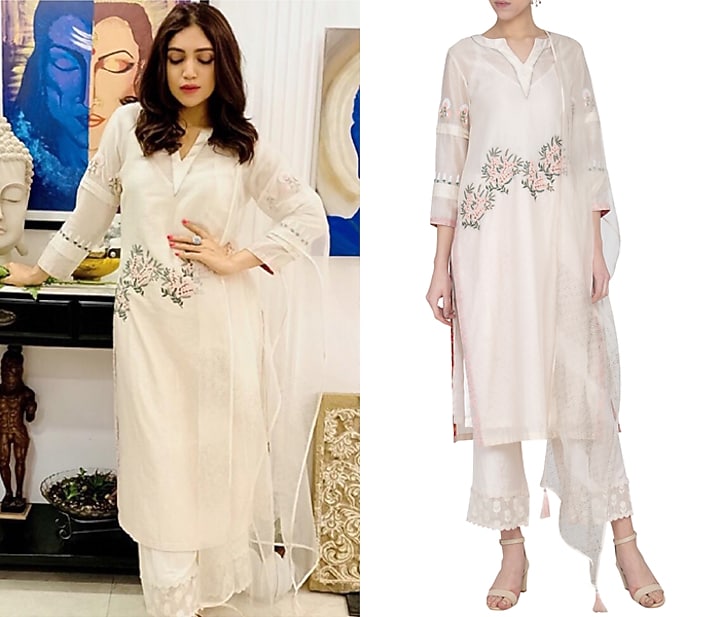Off White Embroidered & Pintuck Kurta Set by Devnaagri at Pernia's Pop Up Shop