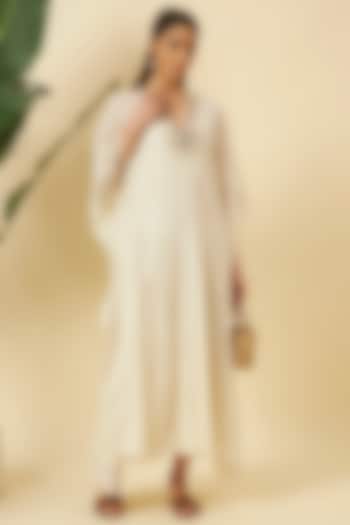 Ivory Jamdani & Cotton Embroidered Kaftan Dress by Nikasha at Pernia's Pop Up Shop