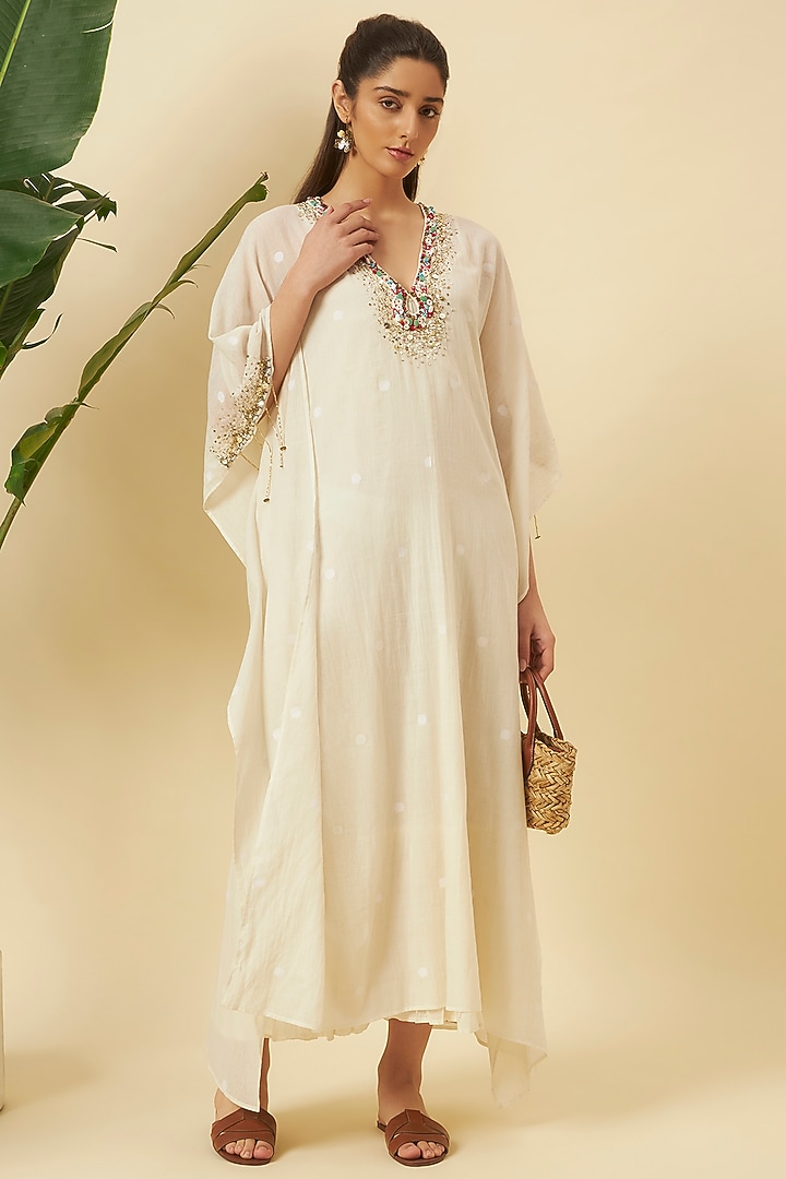 Ivory Jamdani & Cotton Embroidered Kaftan Dress by Nikasha at Pernia's Pop Up Shop