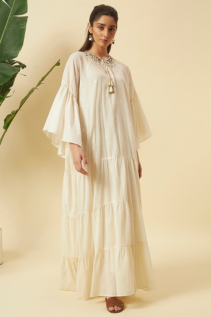 Ivory Jamdani & Cotton Embroidered Maxi Vacation Dress by Nikasha at Pernia's Pop Up Shop