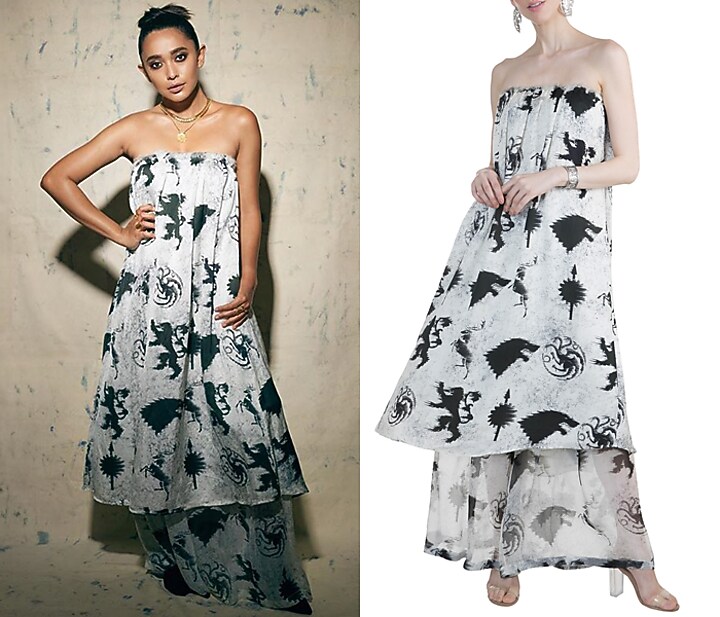 Ivory Sigil Storm Off Shoulder Summer Dress With Sheer Pants by Masaba at Pernia's Pop Up Shop