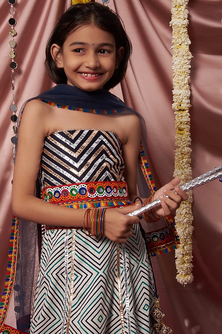 Navy Blue Printed Lehenga Set For Girls by Adah Kidswear at Pernia's Pop Up Shop