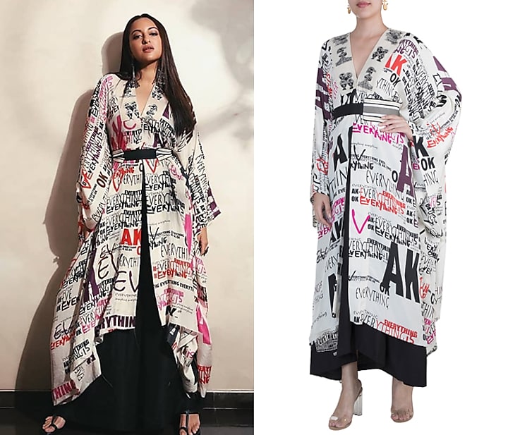 White Printed Kaftan With Nude Skirt & Belt by Anamika Khanna at Pernia's Pop Up Shop