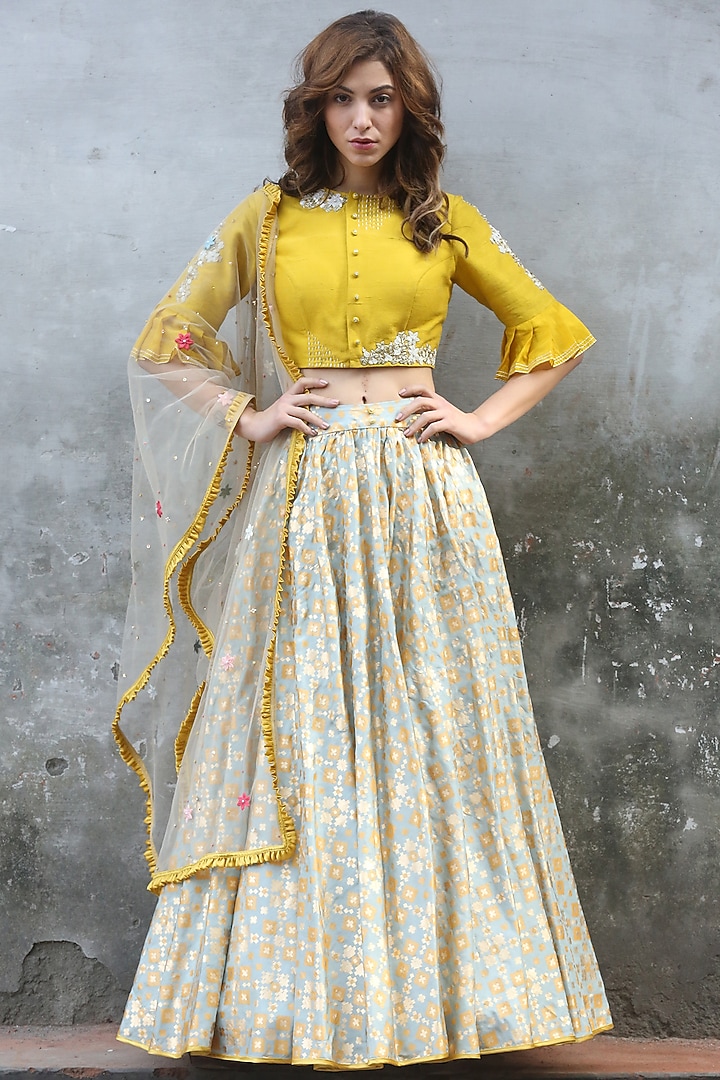 Mint Green & Mustard Printed Wedding Lehenga Set by I AM DESIGN at Pernia's Pop Up Shop