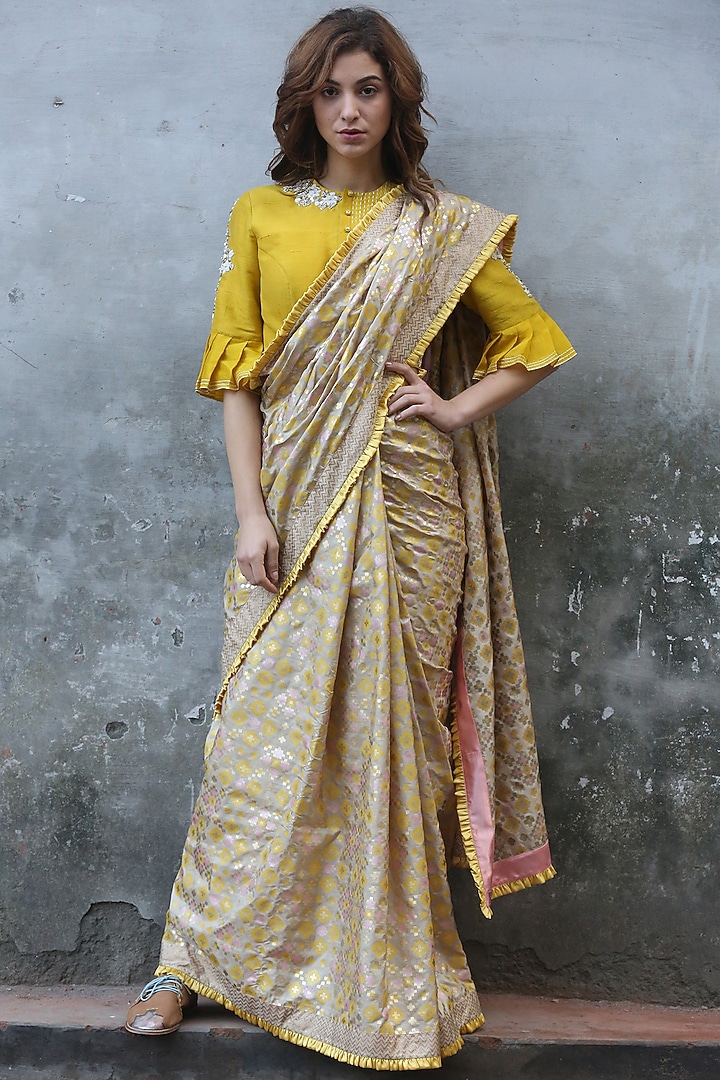 Beige Gold Silk Ikat Printed Party Wear Saree by I AM DESIGN at Pernia's Pop Up Shop