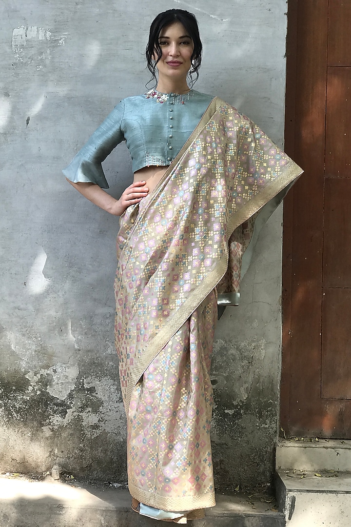 Beige Silk Ikat Printed Wedding Saree Set by I AM DESIGN at Pernia's Pop Up Shop