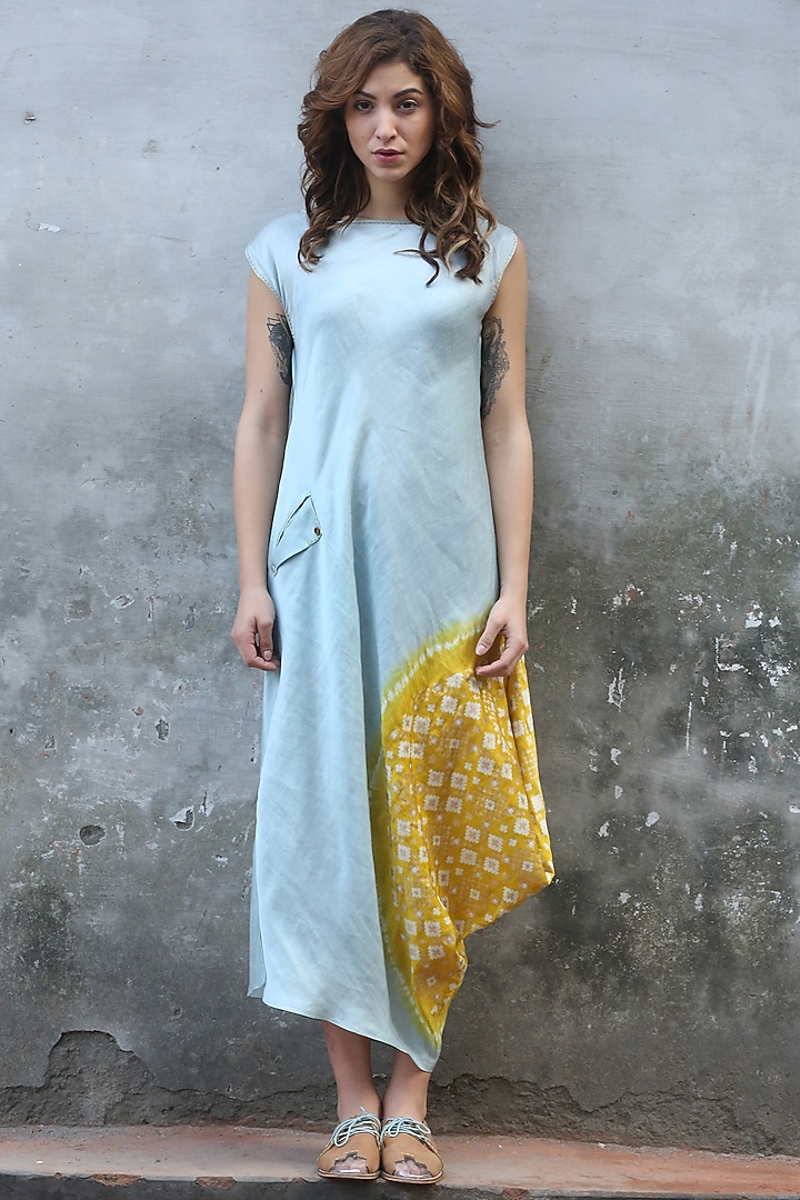 Blue & Mustard Printed Cowl Kurta Dress by I AM DESIGN at Pernia's Pop Up Shop
