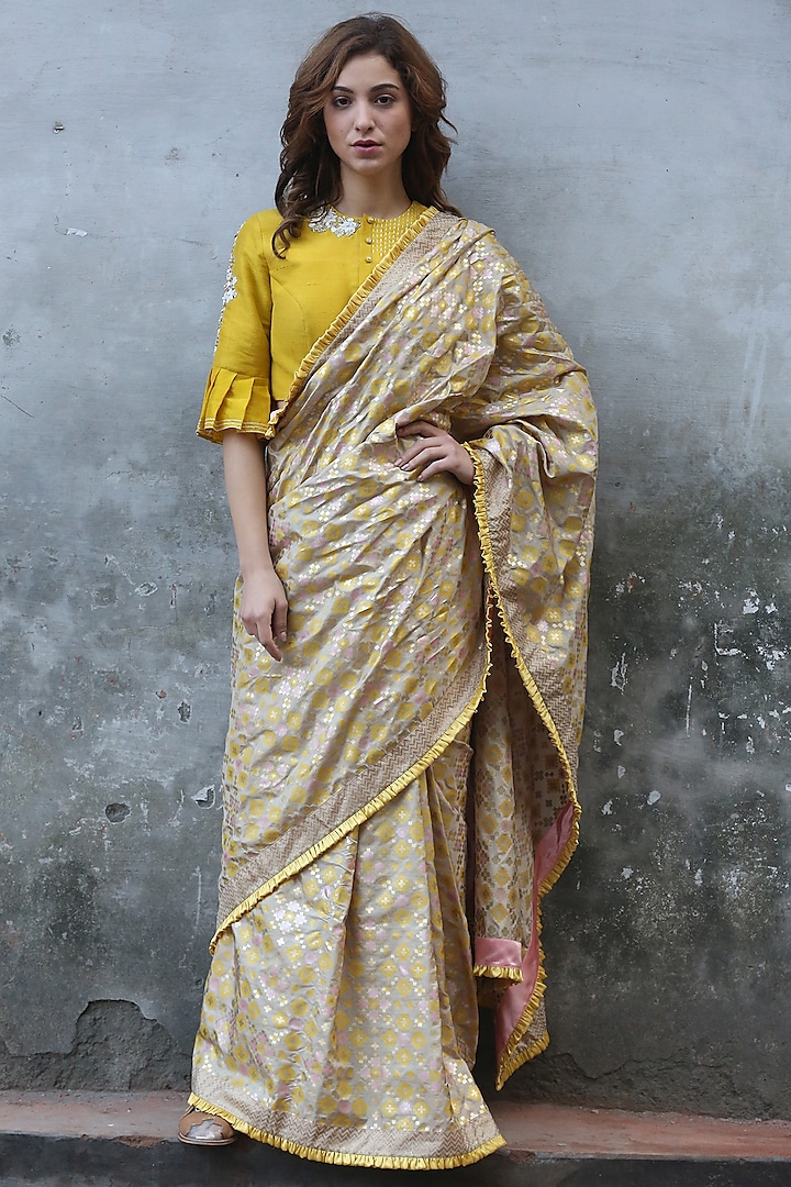 Beige Gold Printed Saree Set by I AM DESIGN