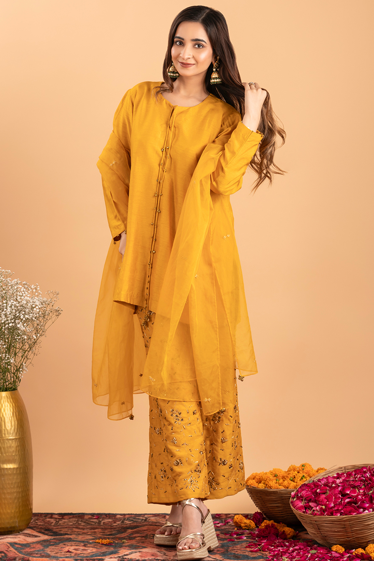 Mustard Yellow Raw Silk & Organza Kurta Set by Rirasa at Pernia's Pop Up Shop