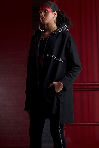 Black Crepe & Tulle Thread Hand Embroidered Hoodie Jacket Set by Pocketful Of Cherrie