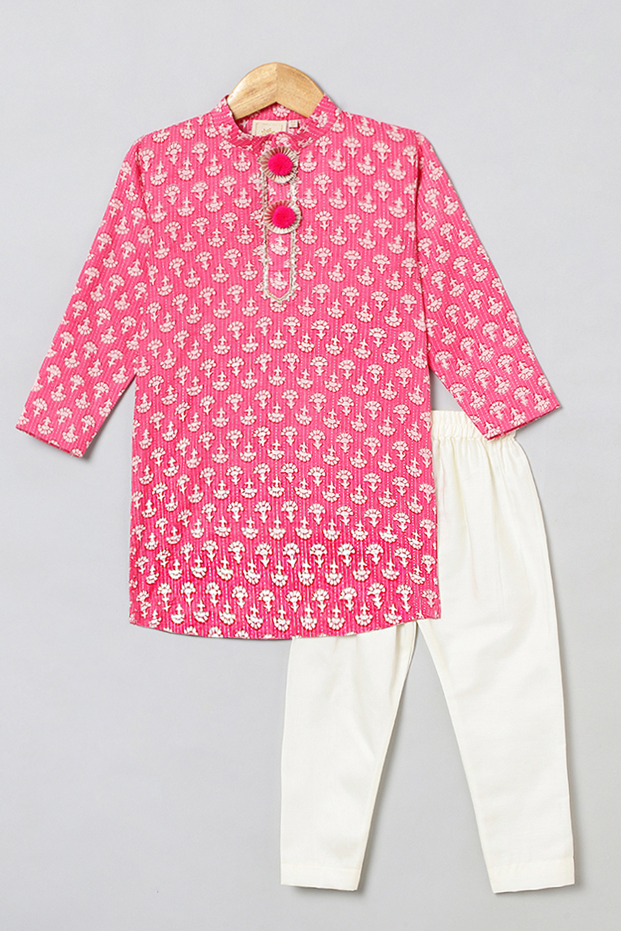 Pink Cotton Printed Kurta Set For Boys by BYB PREMIUM