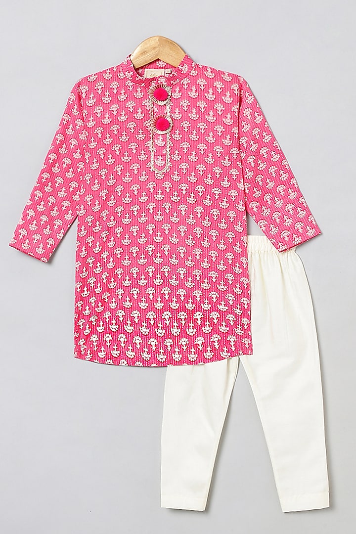 Pink Cotton Printed Kurta Set For Boys by BYB PREMIUM