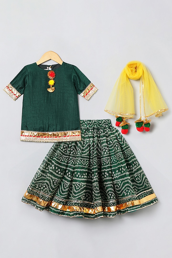 Dark Green Dola Silk Gota Embroidered Bandhani Lehenga Set For Girls by BYB PREMIUM at Pernia's Pop Up Shop