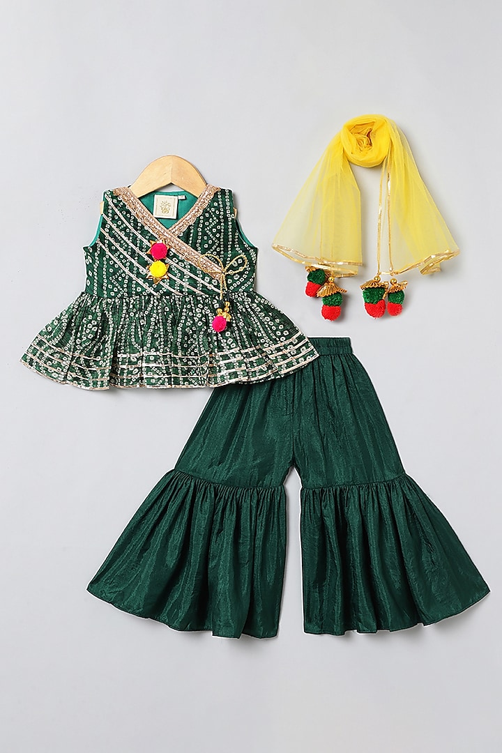 Dark Green Dola Silk Sharara Set For Girls by BYB PREMIUM at Pernia's Pop Up Shop