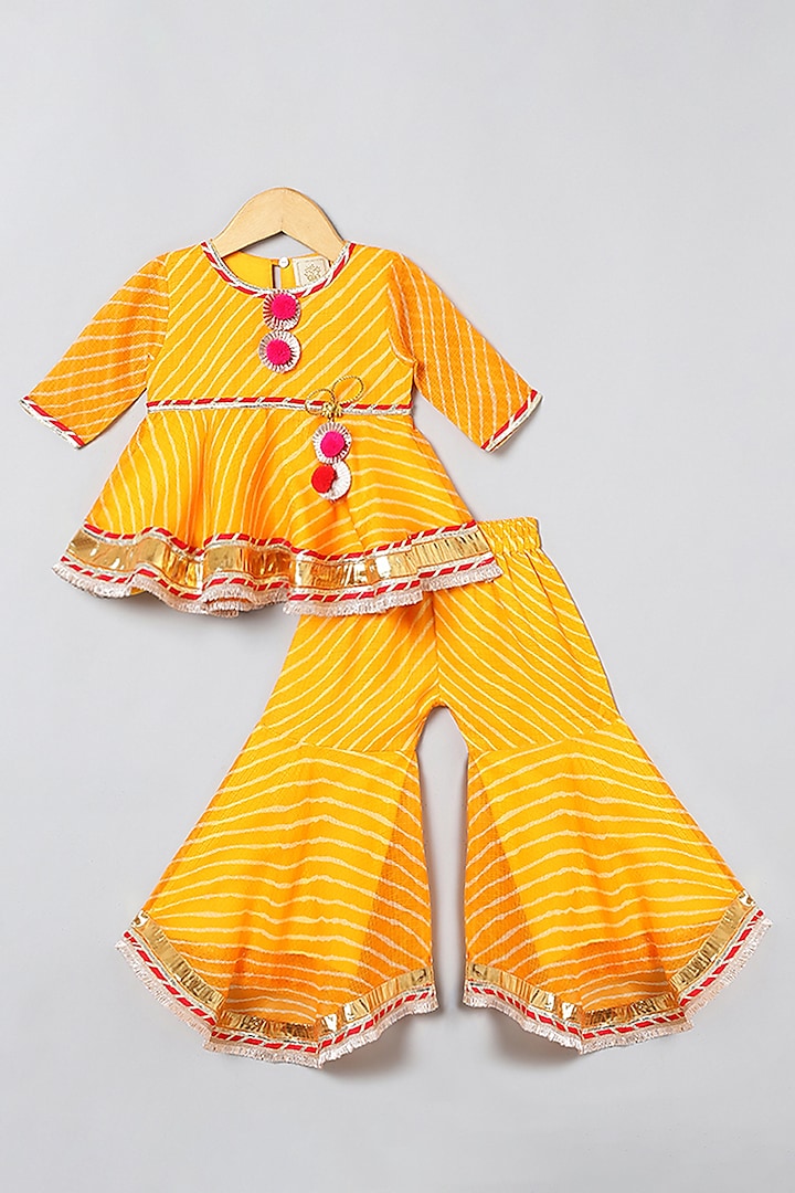 Yellow Kota Doriya Silk Bandhani Sharara Set For Girls by BYB PREMIUM