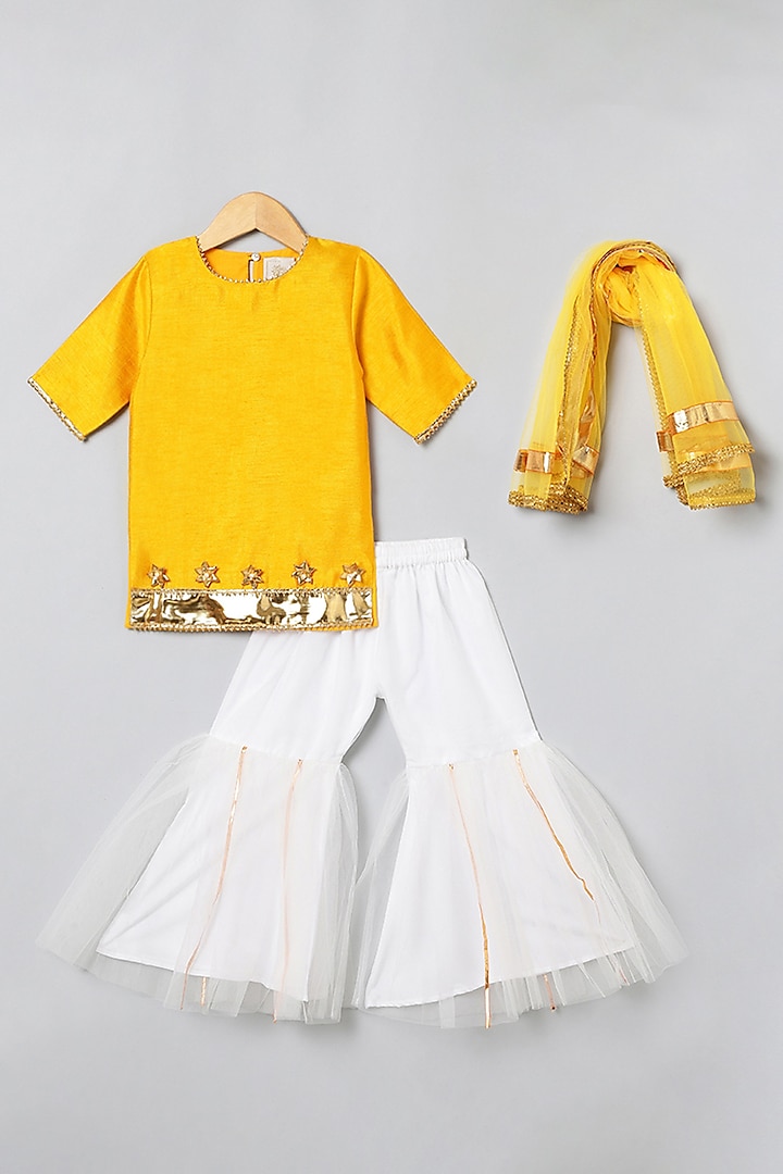 White Matka Silk & Net Sharara Set For Girls by BYB PREMIUM at Pernia's Pop Up Shop