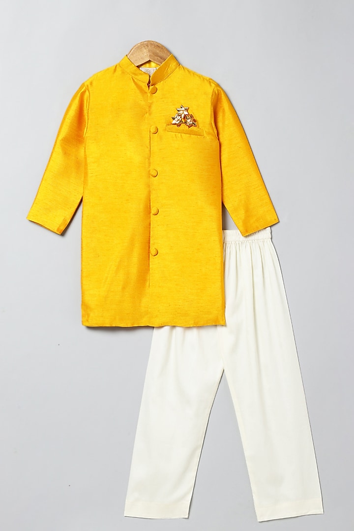 Yellow Matka Silk Gota Embroidered Kurta Set For Boys by BYB PREMIUM