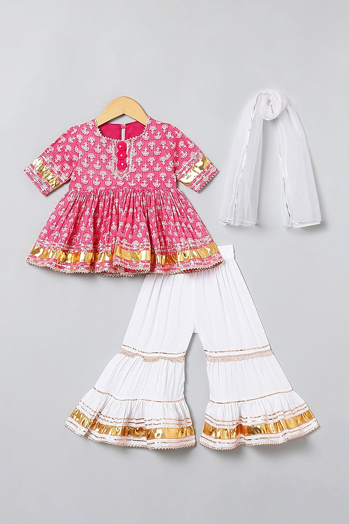 White Cotton Gota Embroidered Sharara Set For Girls by BYB PREMIUM at Pernia's Pop Up Shop