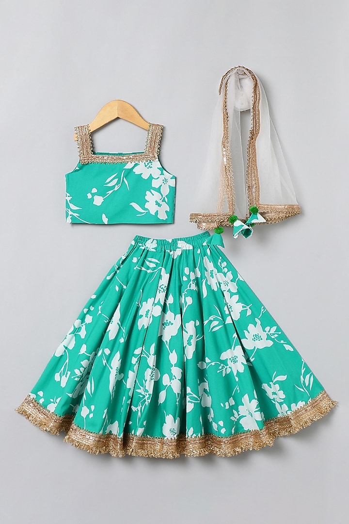 Green Cotton Floral Printed Lehenga Set For Girls by BYB PREMIUM at Pernia's Pop Up Shop