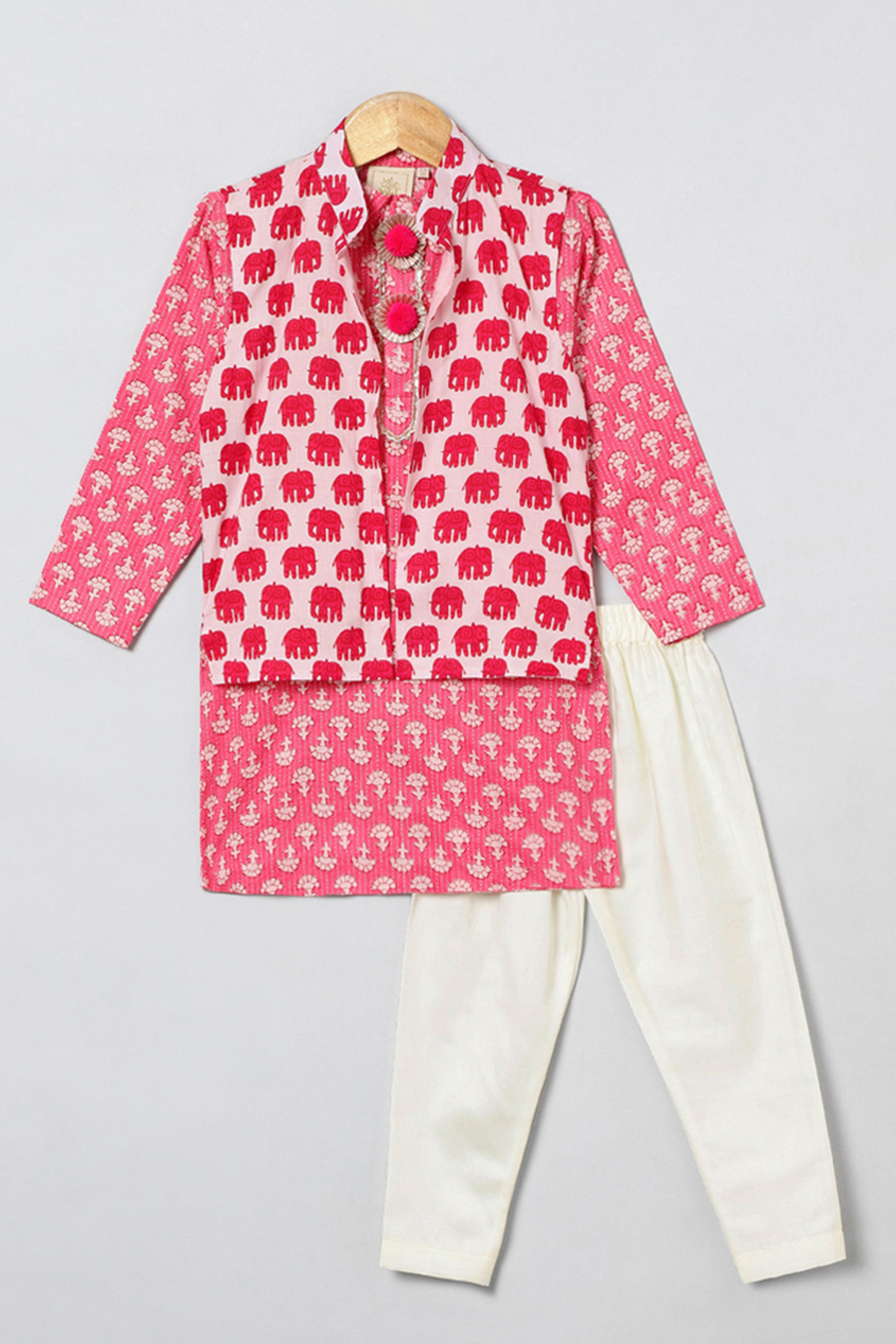 Pink Cotton Printed Nehru Jacket Set For Boys by BYB PREMIUM
