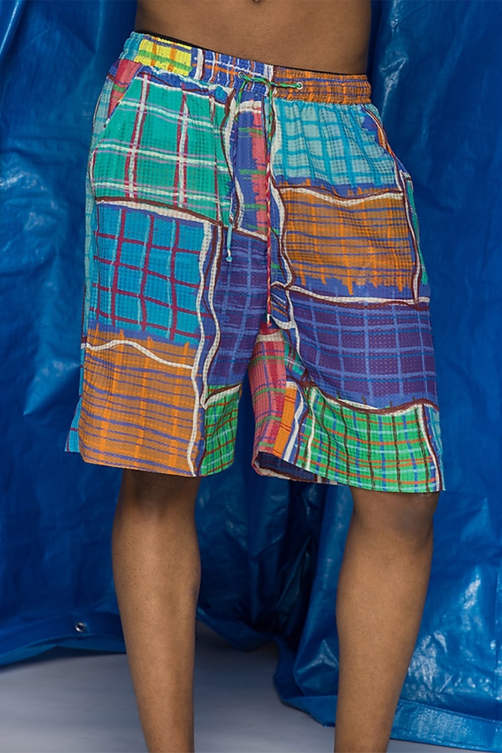 Aqua Cotton Voile Printed Shorts by Doh Tak Keh Men