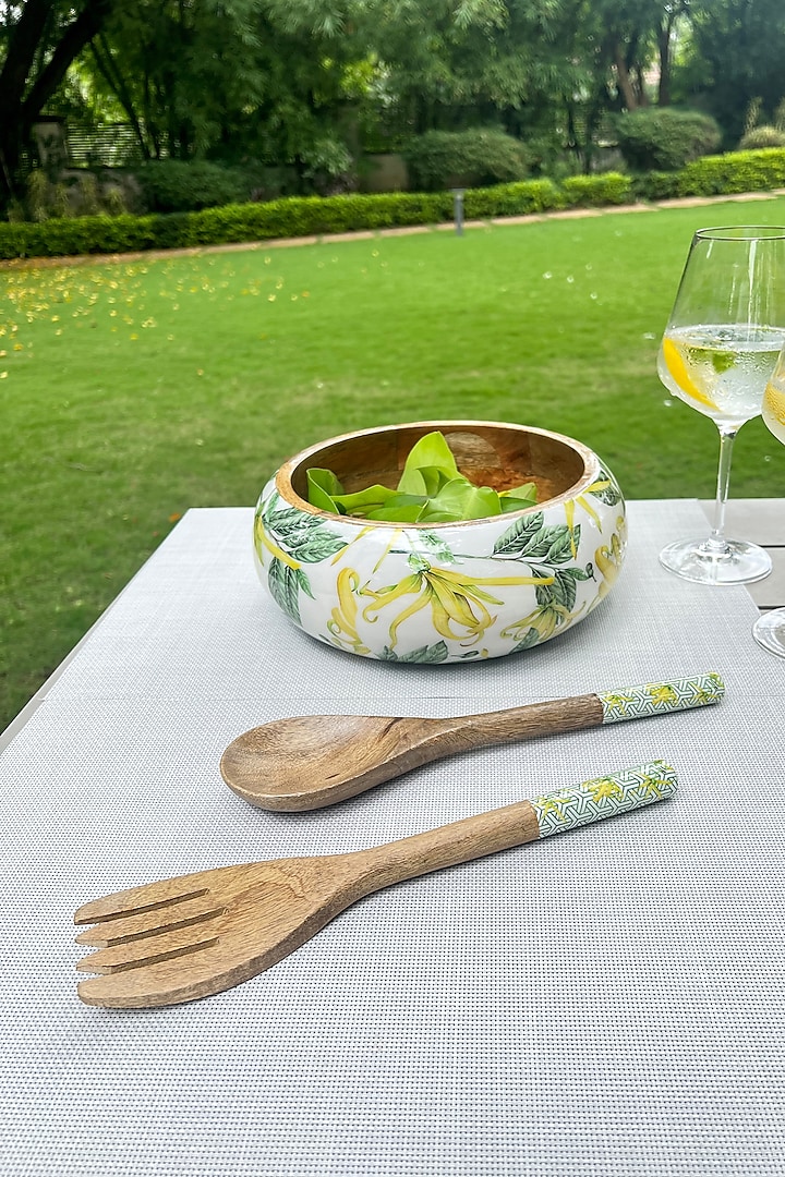 Yellow & Green Mango Wood Bowl & Servers (Set of 3) by Faaya Gifting