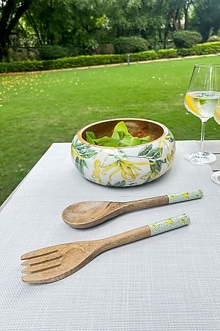 Yellow & Green Mango Wood Bowl & Servers (Set of 3) by Faaya Gifting
