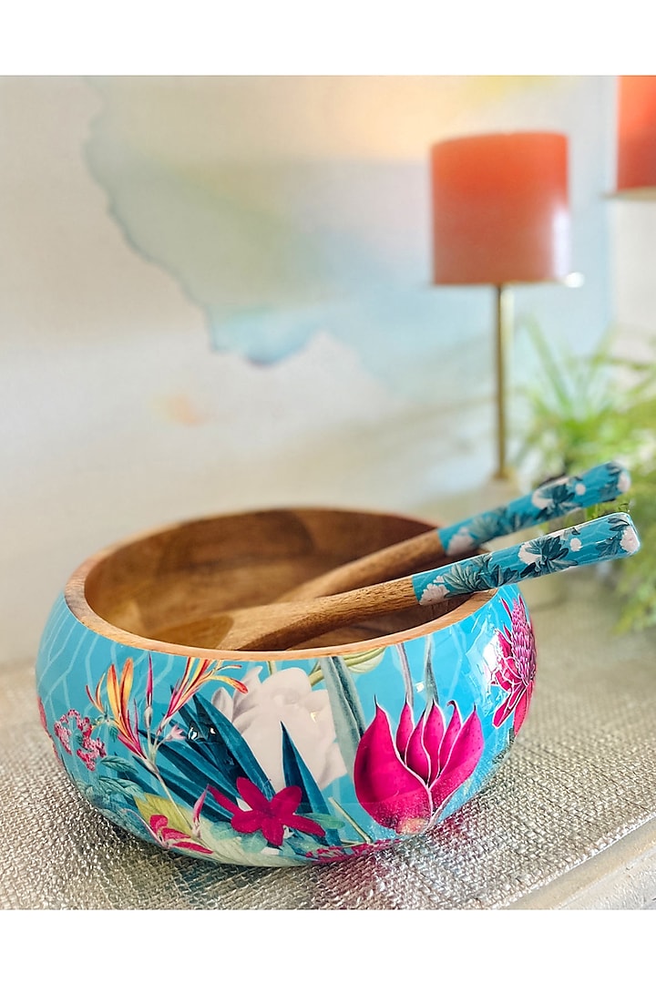 Turquoise Mangowood Chilean Deco Bowls & Servers (Set Of 3) by Faaya Gifting
