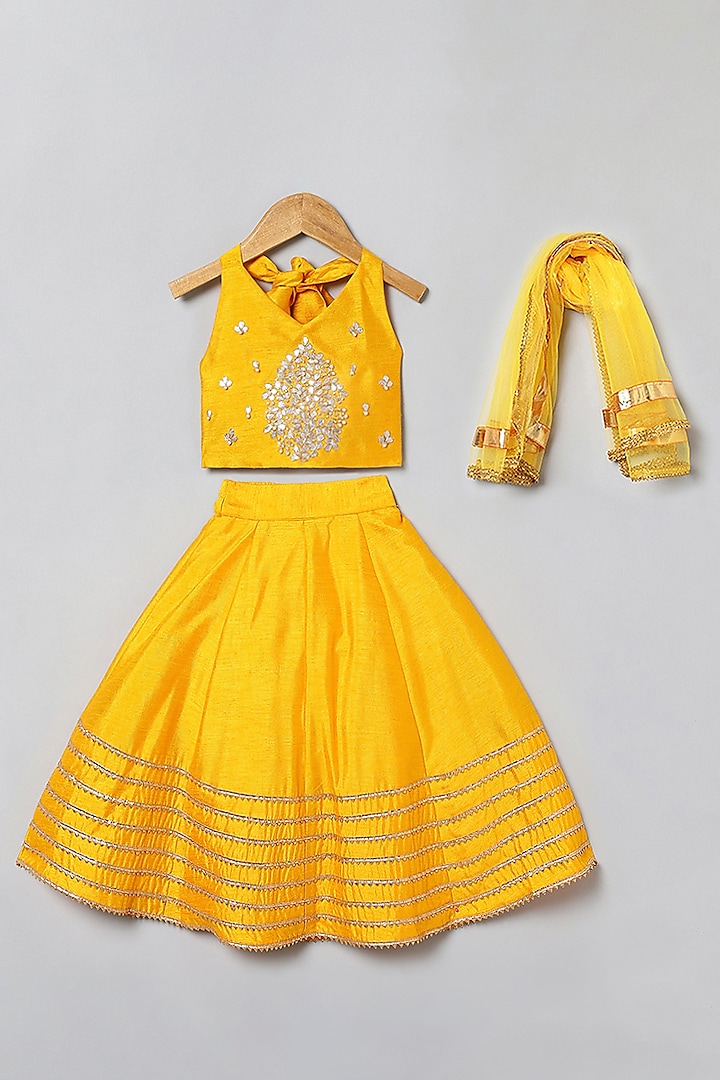 Yellow Matka Silk Gota Embroidered Lehenga Set For Girls by BYB PREMIUM