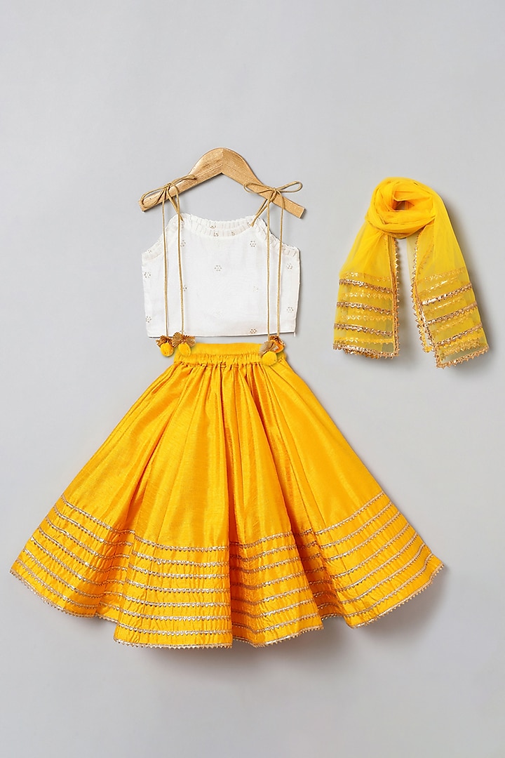 Yellow Matka Silk Gota Embroidered Lehenga Set For Girls by BYB PREMIUM at Pernia's Pop Up Shop