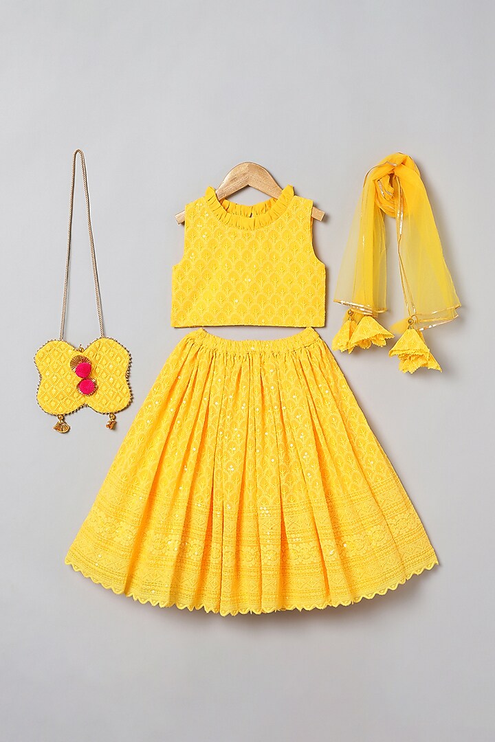 Yellow Matka Silk Embroidered Lehenga Set For Girls by BYB PREMIUM at Pernia's Pop Up Shop