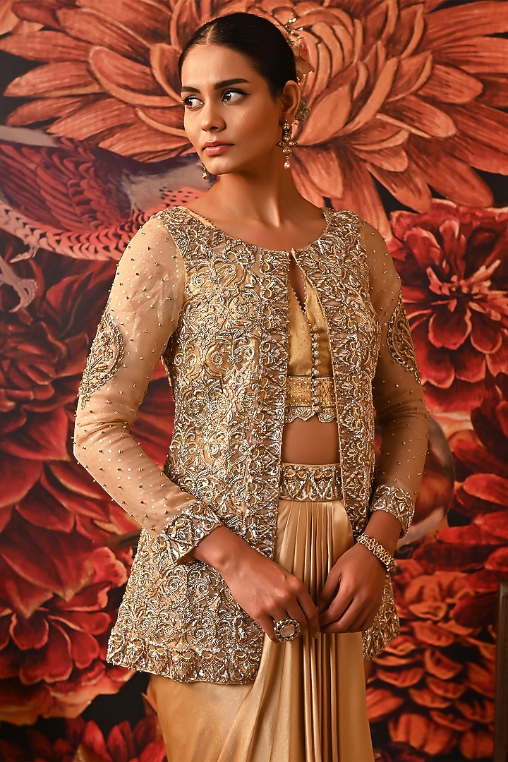 Gold Pure Silk Organza Printed & Embellished Jacket Set by MOLEDRO at Pernia's Pop Up Shop