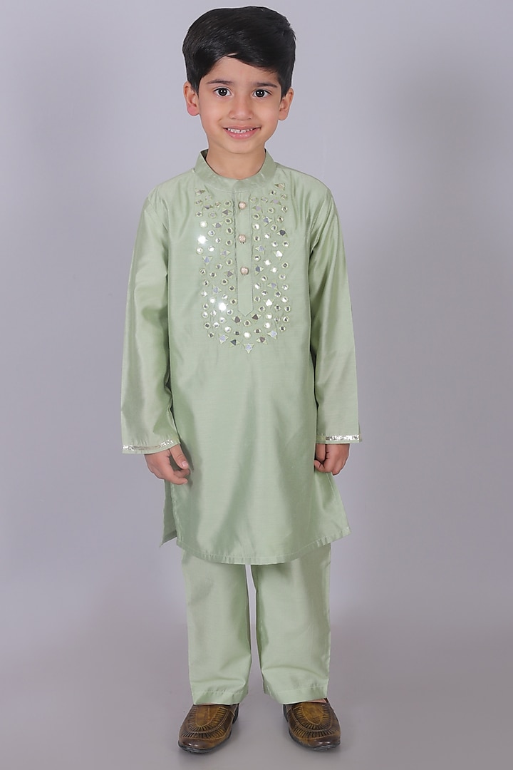 Sea Green Viscose Polyester Mirror Embroidered Kurta Set For Boys by Lil Drama