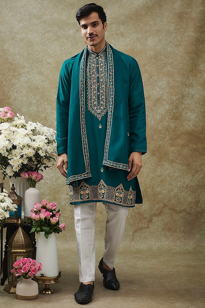 Deep Firozi Splendid Silk Cutdana & Thread Hand Work Kurta Set by RIYAASAT