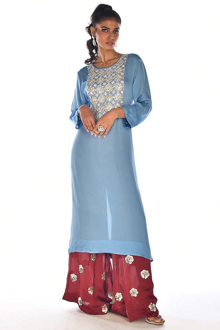 Blue Satin Georgette Sequins Hand Embroidered Kurta Set by Isadaa by Rotna Dutt