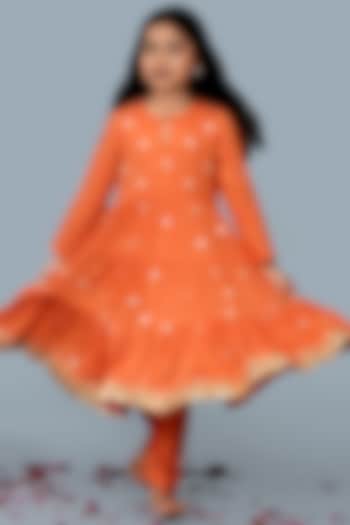 Rust Orange Soft Mulmul Cotton Gota Lace Kurta Set For Girls by MR BRAT at Pernia's Pop Up Shop