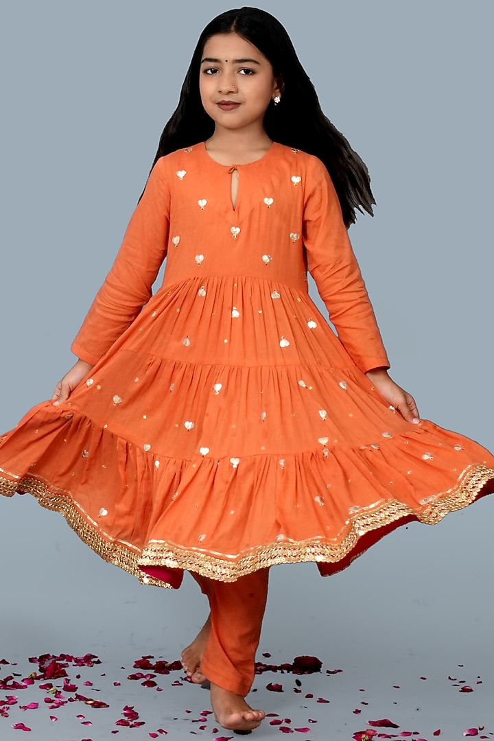 Rust Orange Soft Mulmul Cotton Gota Lace Kurta Set For Girls by MR BRAT at Pernia's Pop Up Shop