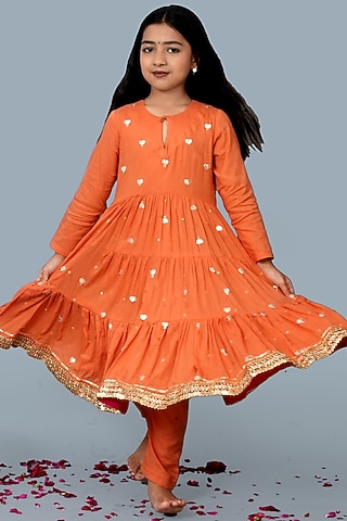 Rust Orange Soft Mulmul Cotton Gota Lace Kurta Set For Girls by MR BRAT