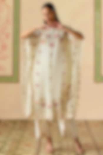 Ivory Chanderi Floral Threadwork Tulip Pants by Chandrima at Pernia's Pop Up Shop