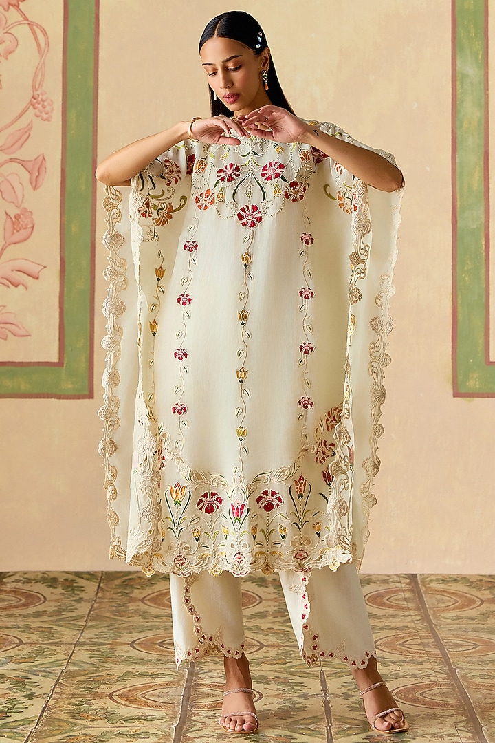 Ivory Chanderi Floral Threadwork Tulip Pants by Chandrima at Pernia's Pop Up Shop