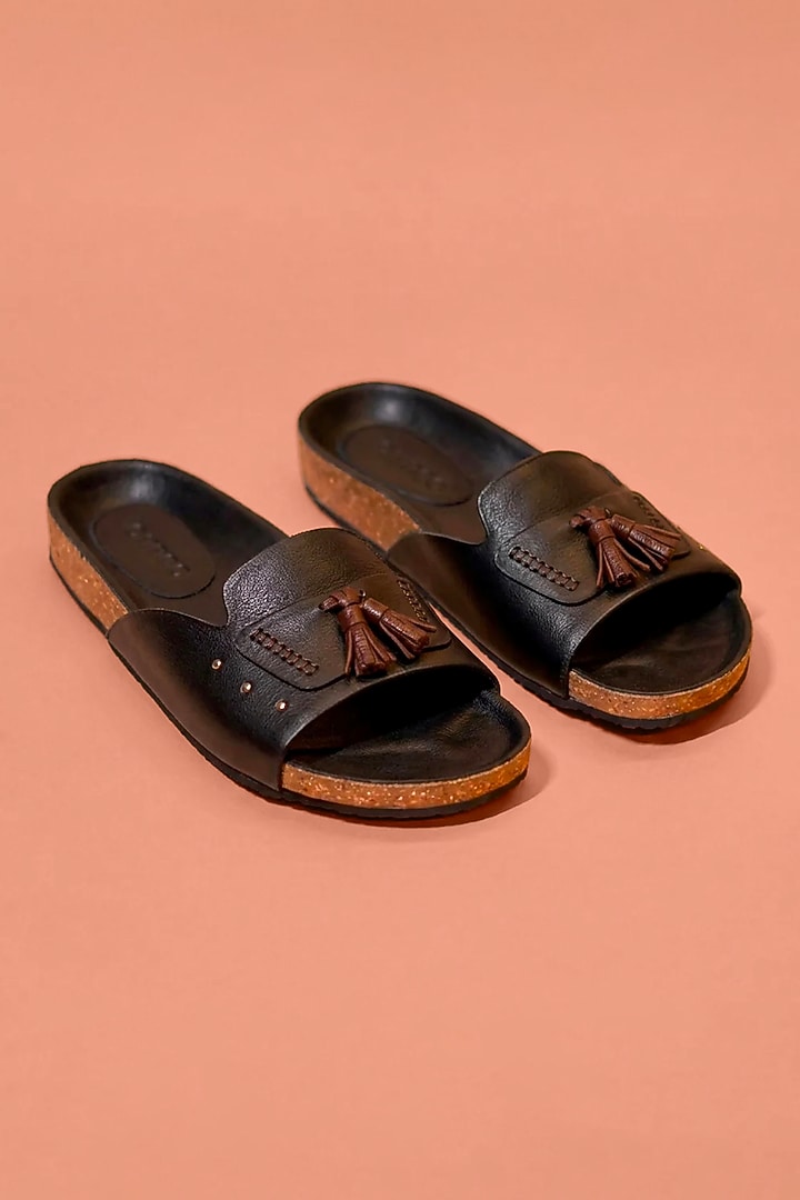 Black Leather Sliders by Dmodot at Pernia's Pop Up Shop