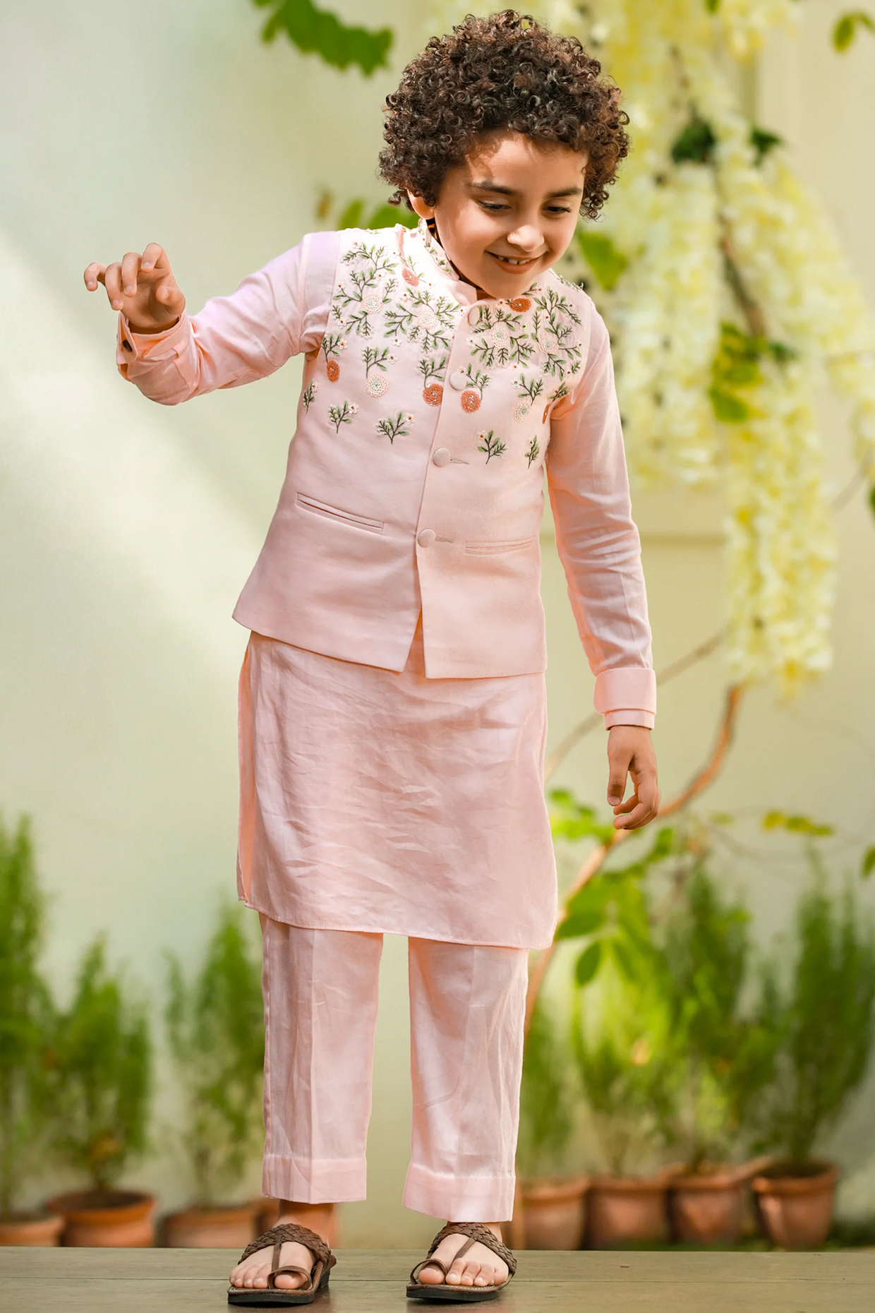 Peach Hand Embroidered Nehru Jacket For Boys by Littleens at Pernia's Pop Up Shop