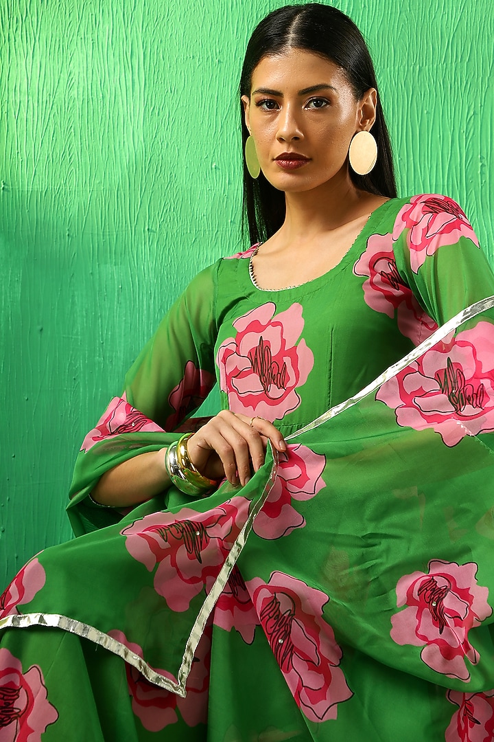 Green Organza Carnation Printed Anarkali Set by Pomcha Jaipur at Pernia's Pop Up Shop