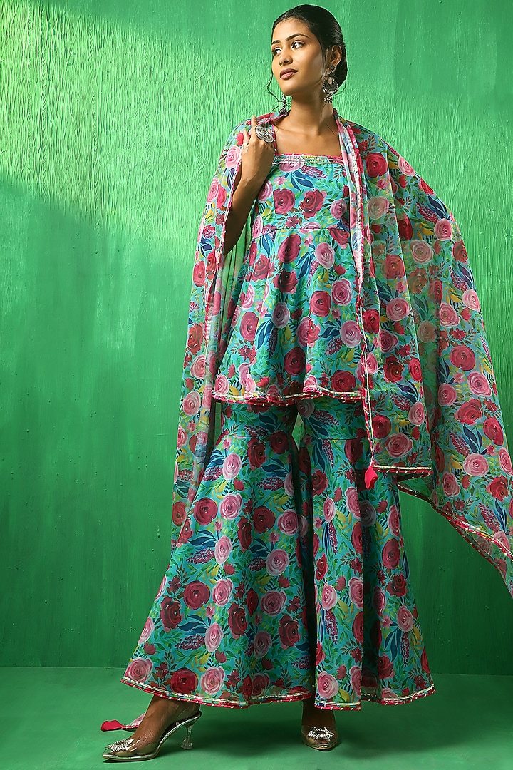 Blue Organza Floral Printed Sharara Set by Pomcha Jaipur at Pernia's Pop Up Shop