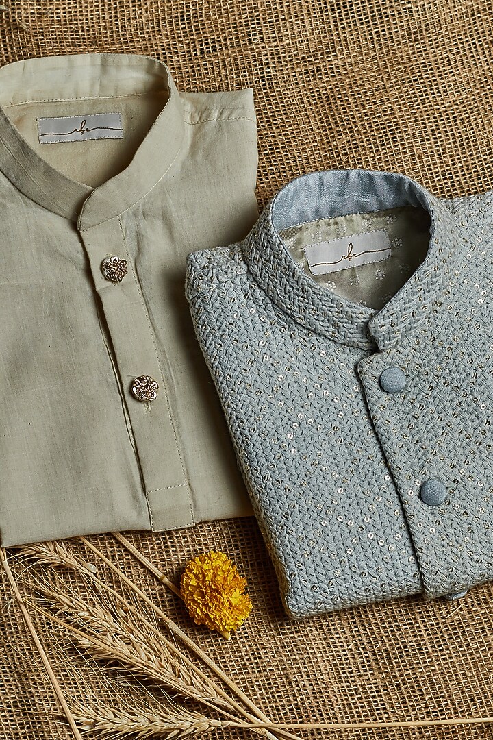Blue Banglore Silk Lucknowi Jacket With Kurta Set For Boys by All Boy Couture at Pernia's Pop Up Shop