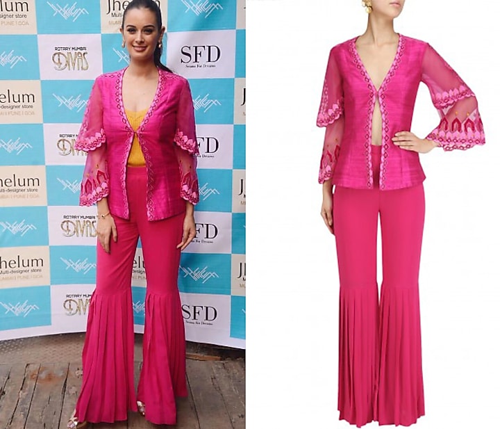 Deep pink embroidered layered jacket and gharara set available only at Pernia's Pop Up Shop.