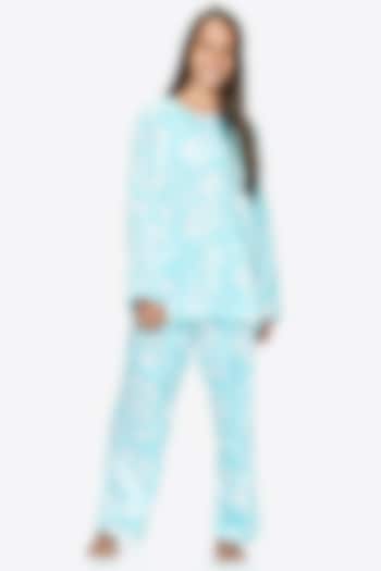 Turquoise Cotton Printed Night Suit For Girls by Nigh Nigh label