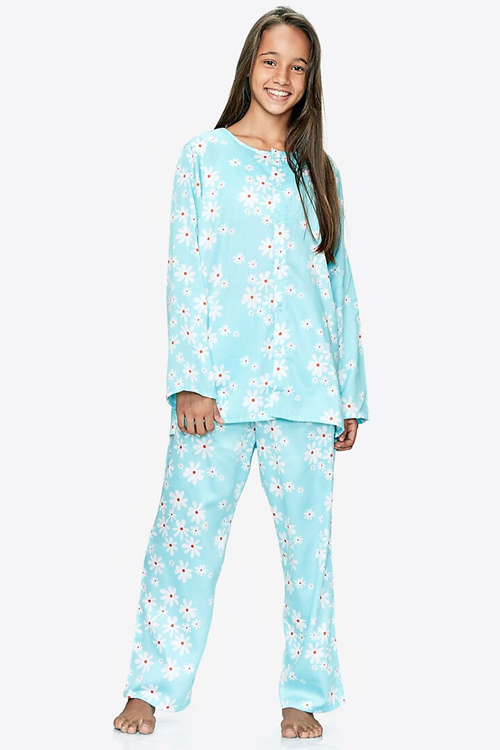 Turquoise Cotton Printed Night Suit For Girls by Nigh Nigh label