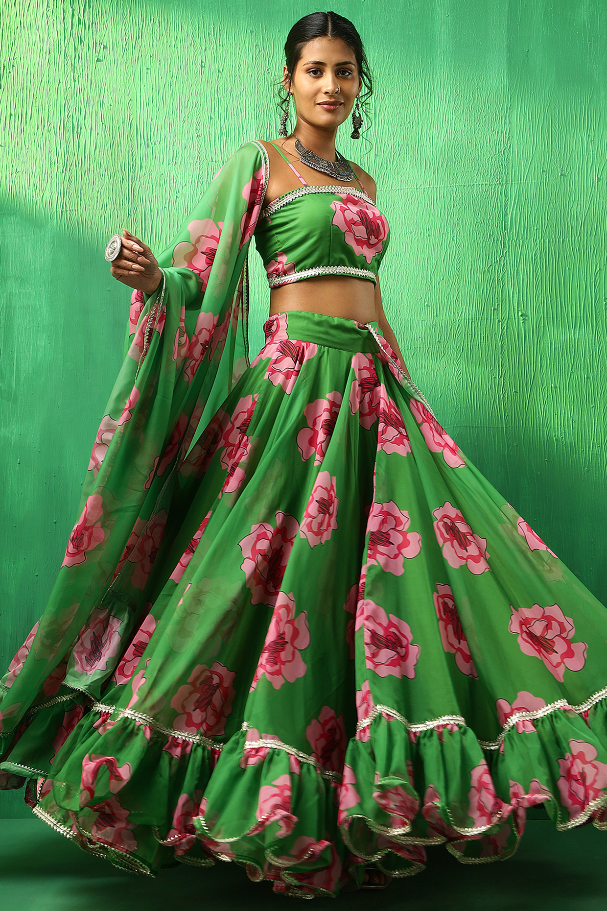 Green Organza Carnation Printed Lehenga Set by Pomcha Jaipur at Pernia's Pop Up Shop